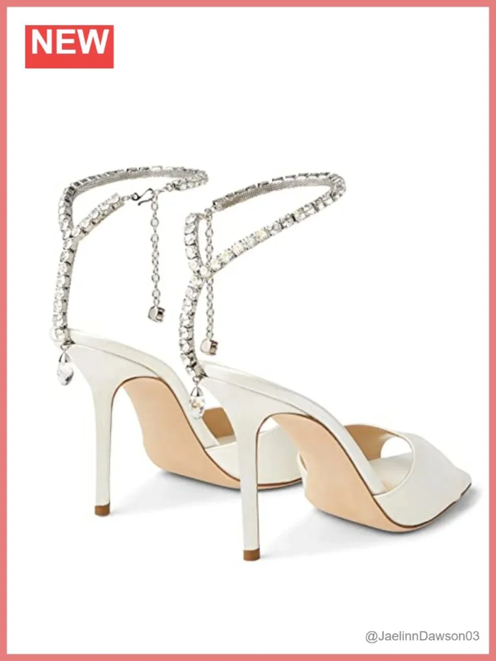 Women's Satin Heeled Sandals with Crystal Chain Ankle Strap Stiletto Square